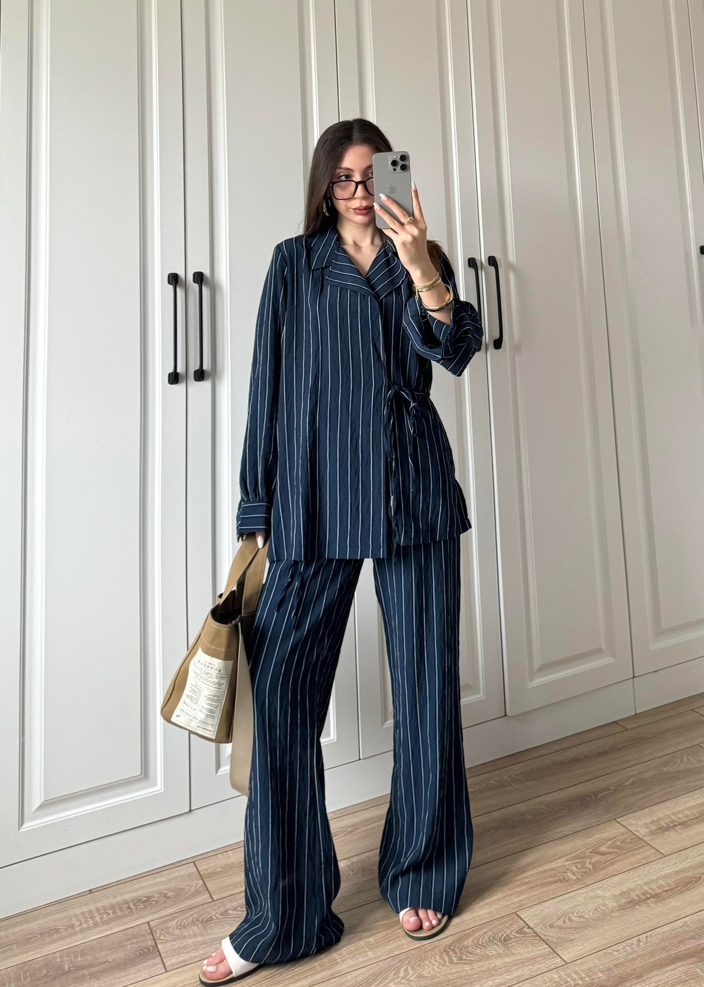 Navy striped wrap set