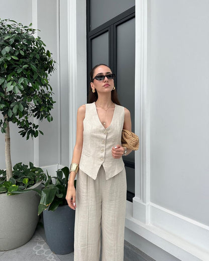 Linen vest set in beige