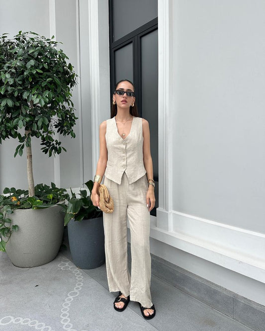 Linen vest set in beige