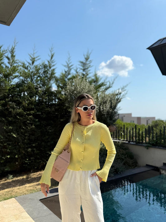 Butter Yellow Ribbed Button Cardigan