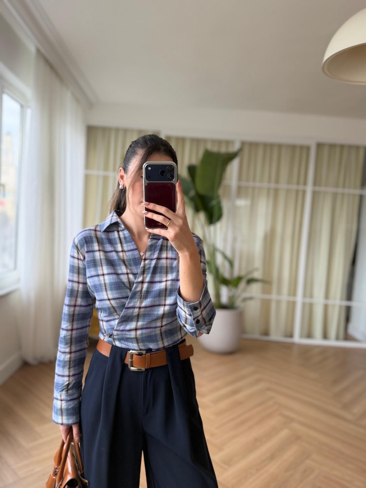 Contour Wrap Shirt Blue Plaid