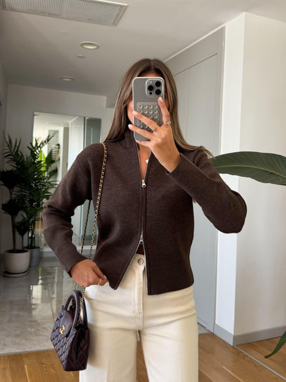 Essential Ribbed Zip Cardigan in brown