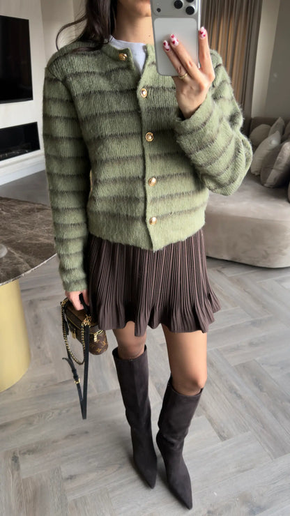 Olive Striped Knit Cardigan