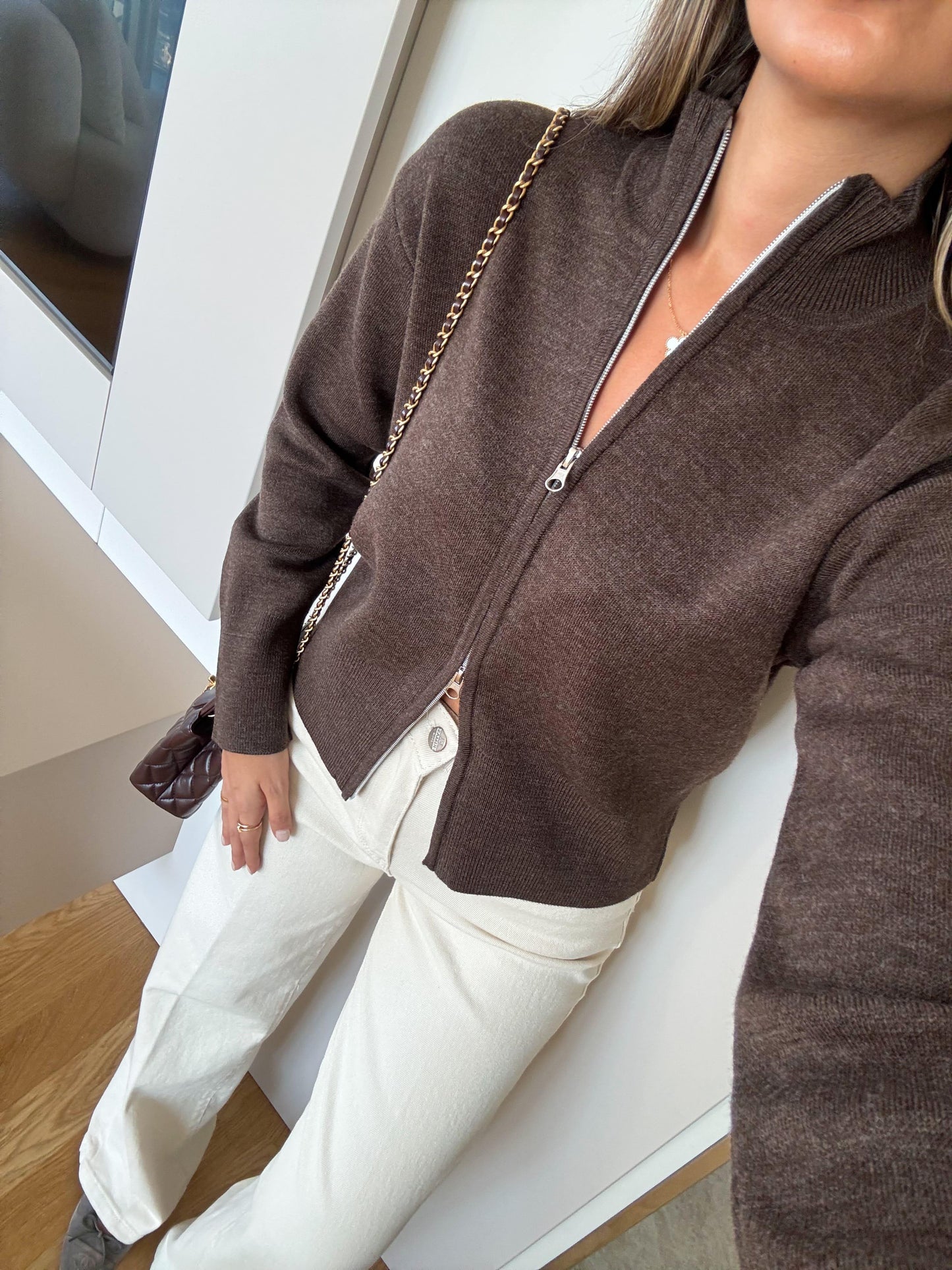 Essential Ribbed Zip Cardigan in brown