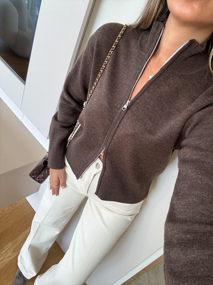 Essential Ribbed Zip Cardigan in brown