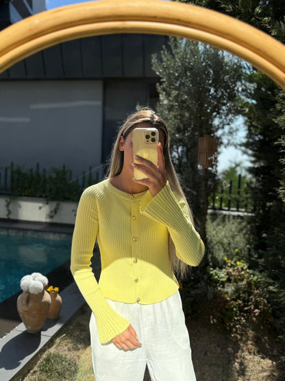 Butter Yellow Ribbed Button Cardigan