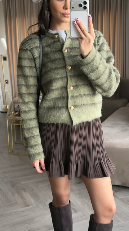 Olive Striped Knit Cardigan