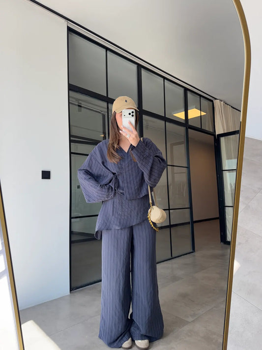 Linen Touch Striped Set     Midnight Blue