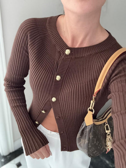 Chocolate Ribbed Button Cardigan