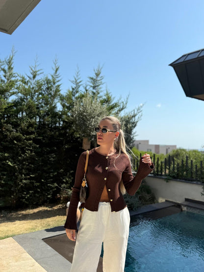 Chocolate Ribbed Button Cardigan