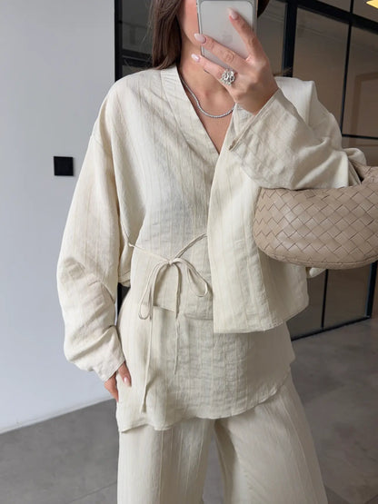 Linen Touch Striped Set Soft Beige