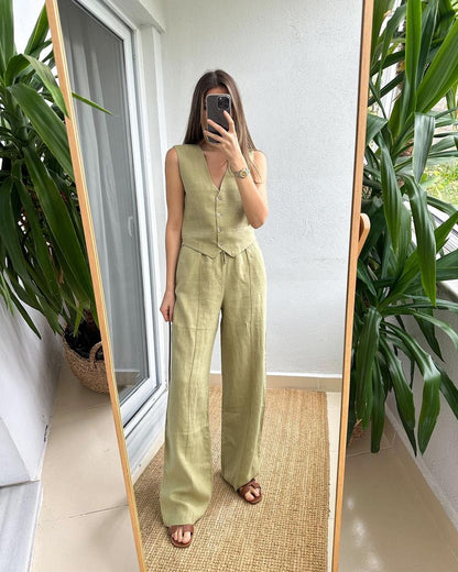 Linen vest set in Olive