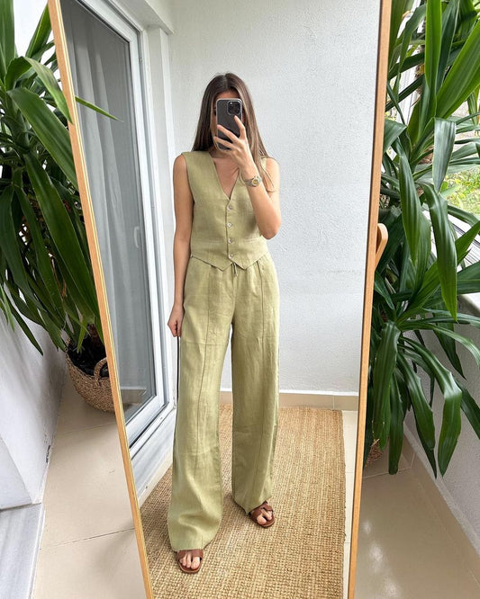 Linen vest set in Olive