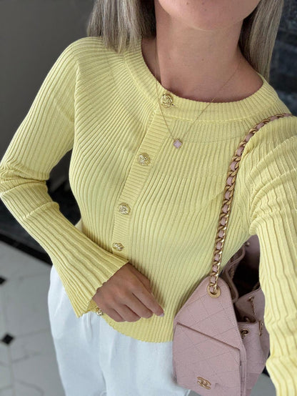 Butter Yellow Ribbed Button Cardigan