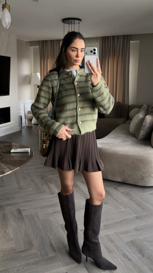 Olive Striped Knit Cardigan