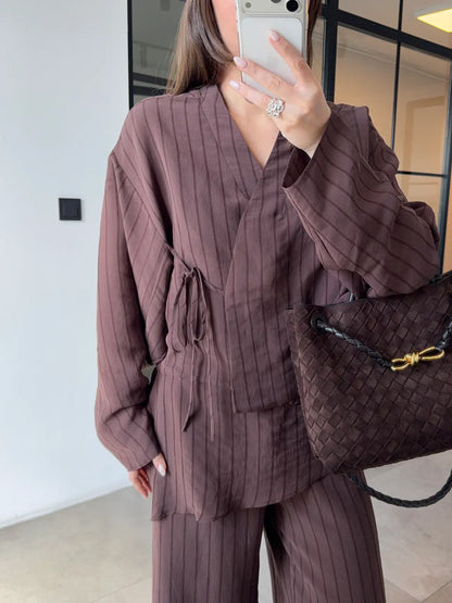Linen Touch Striped Set Mocha Brown