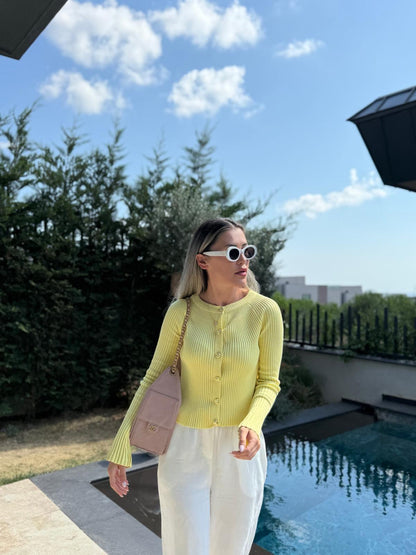 Butter Yellow Ribbed Button Cardigan