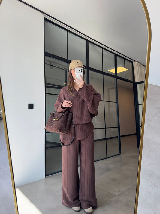 Linen Touch Striped Set Mocha Brown