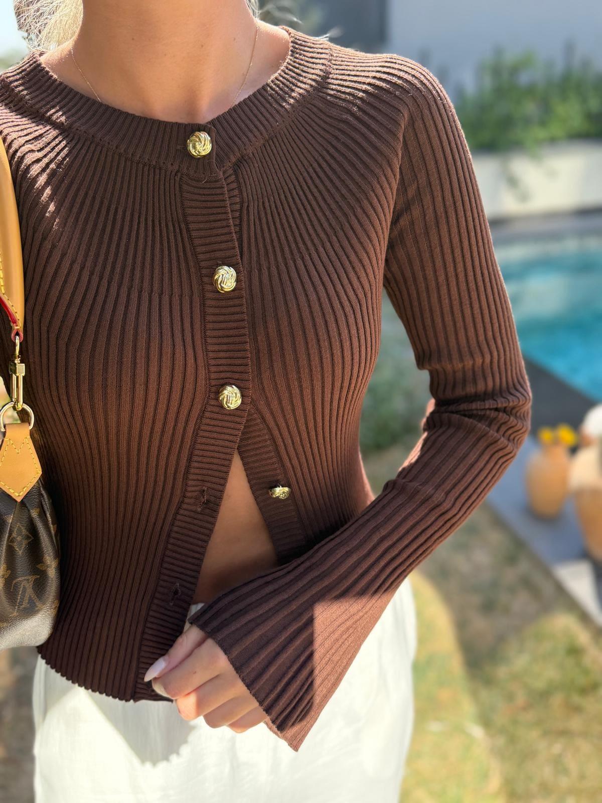 Chocolate Ribbed Button Cardigan