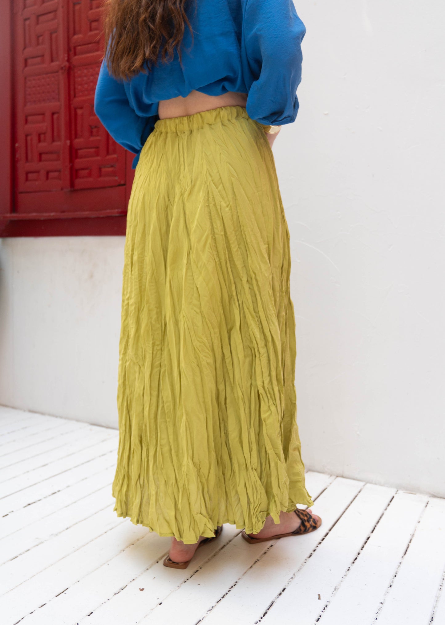 Flowy Crinkle Maxi Skirt Lime