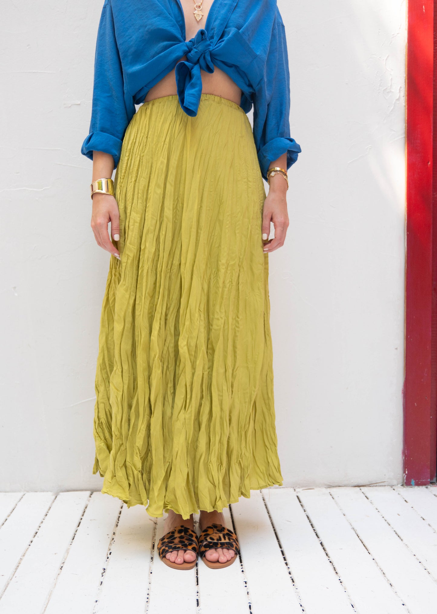 Flowy Crinkle Maxi Skirt Lime