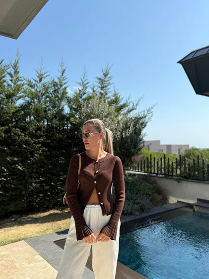 Chocolate Ribbed Button Cardigan