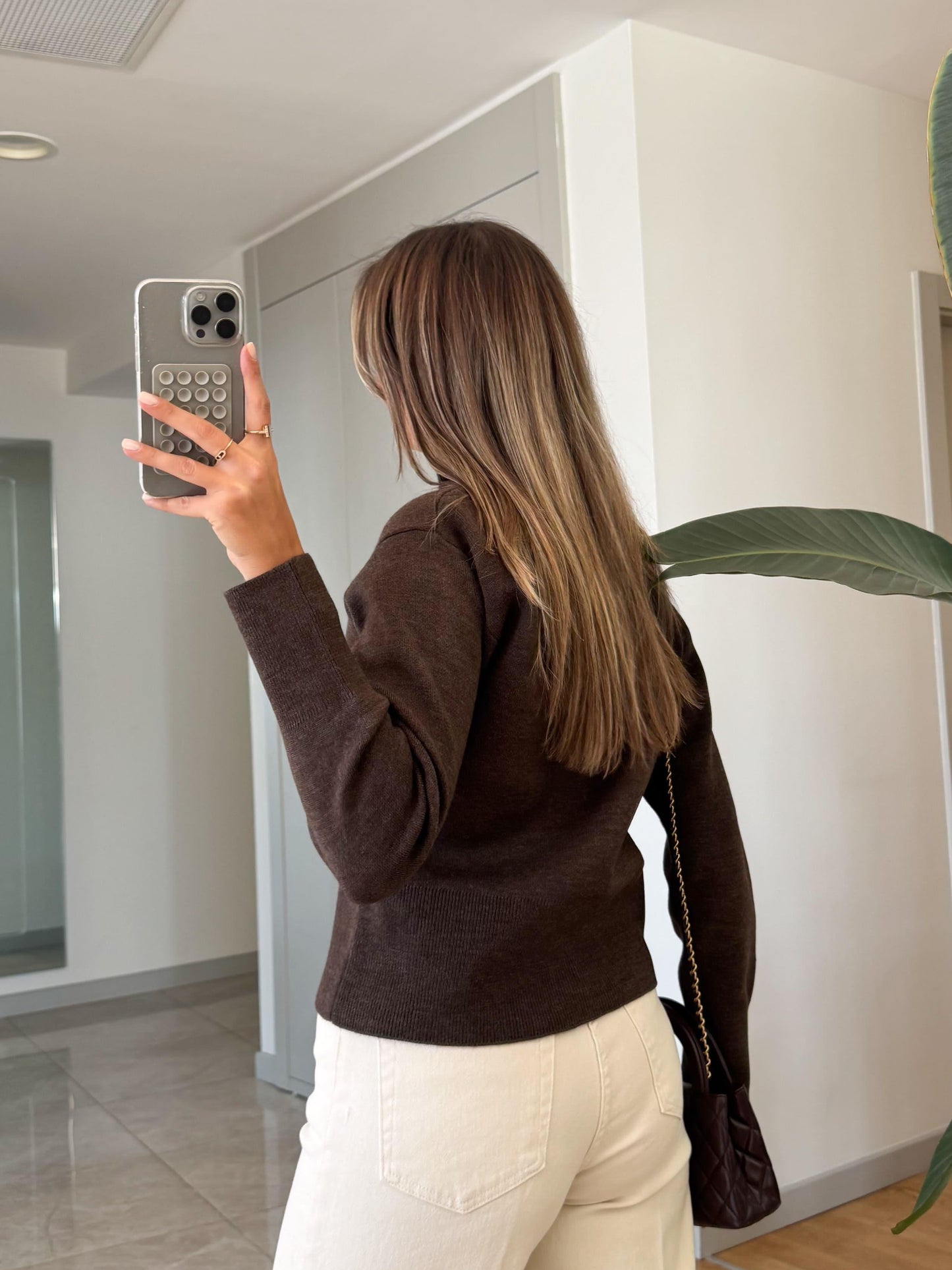 Essential Ribbed Zip Cardigan in brown