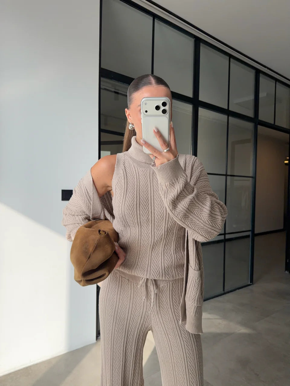 Beige Knit Three-Piece Set