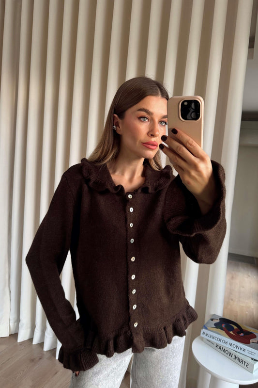 Dark Coffee Ruffle Cardigan