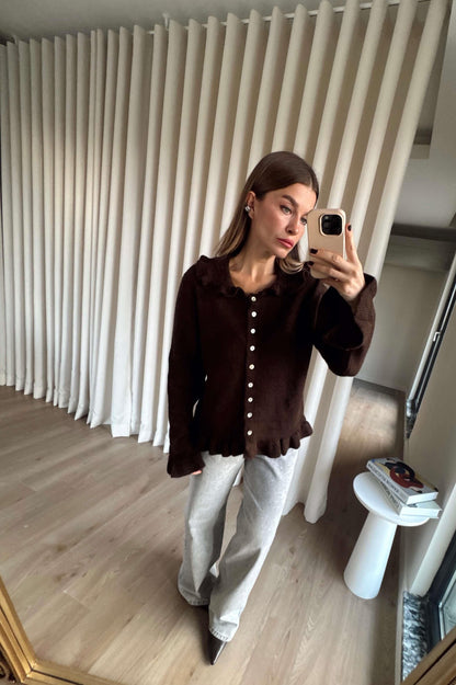 Dark Coffee Ruffle Cardigan
