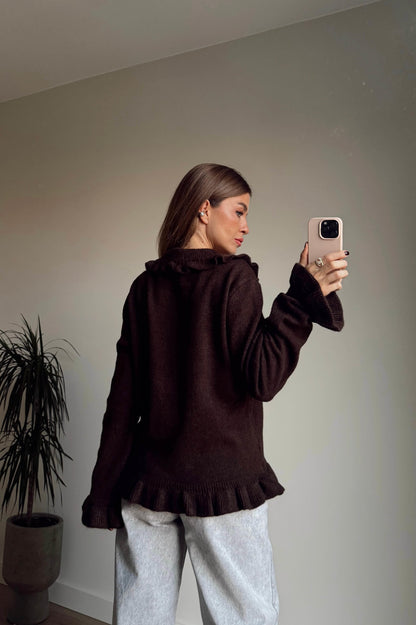 Dark Coffee Ruffle Cardigan