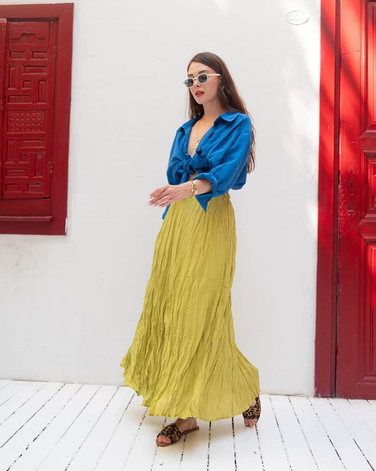 Flowy Crinkle Maxi Skirt Lime