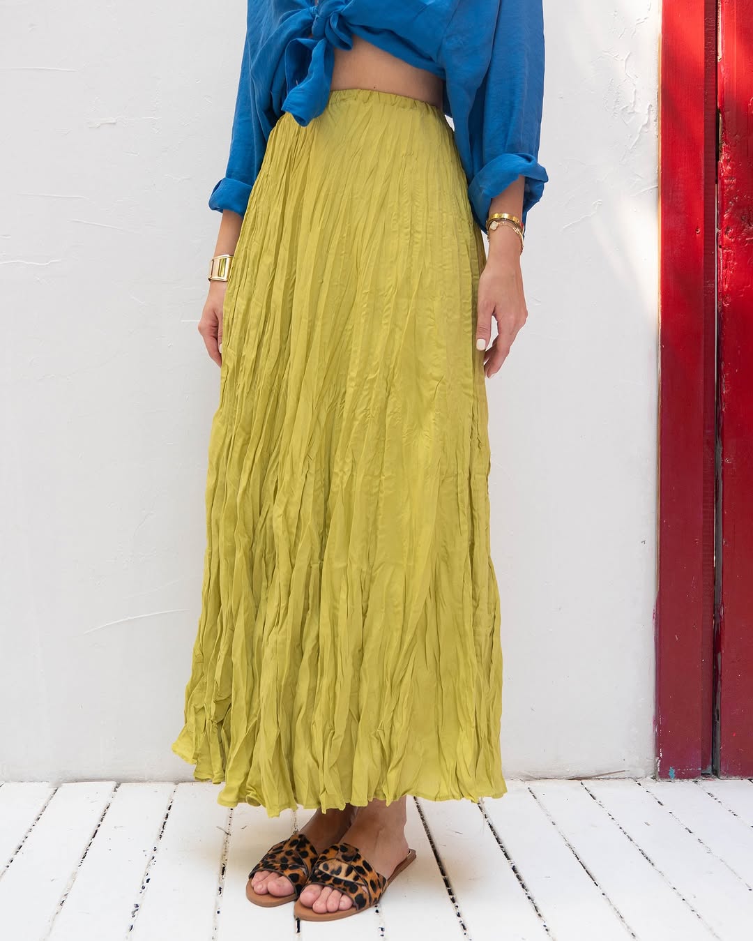 Flowy Crinkle Maxi Skirt Lime